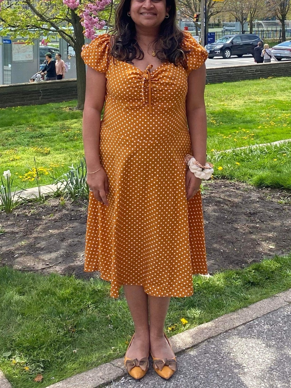 Polka Dot Tie-Front Midi Dress - Mustard